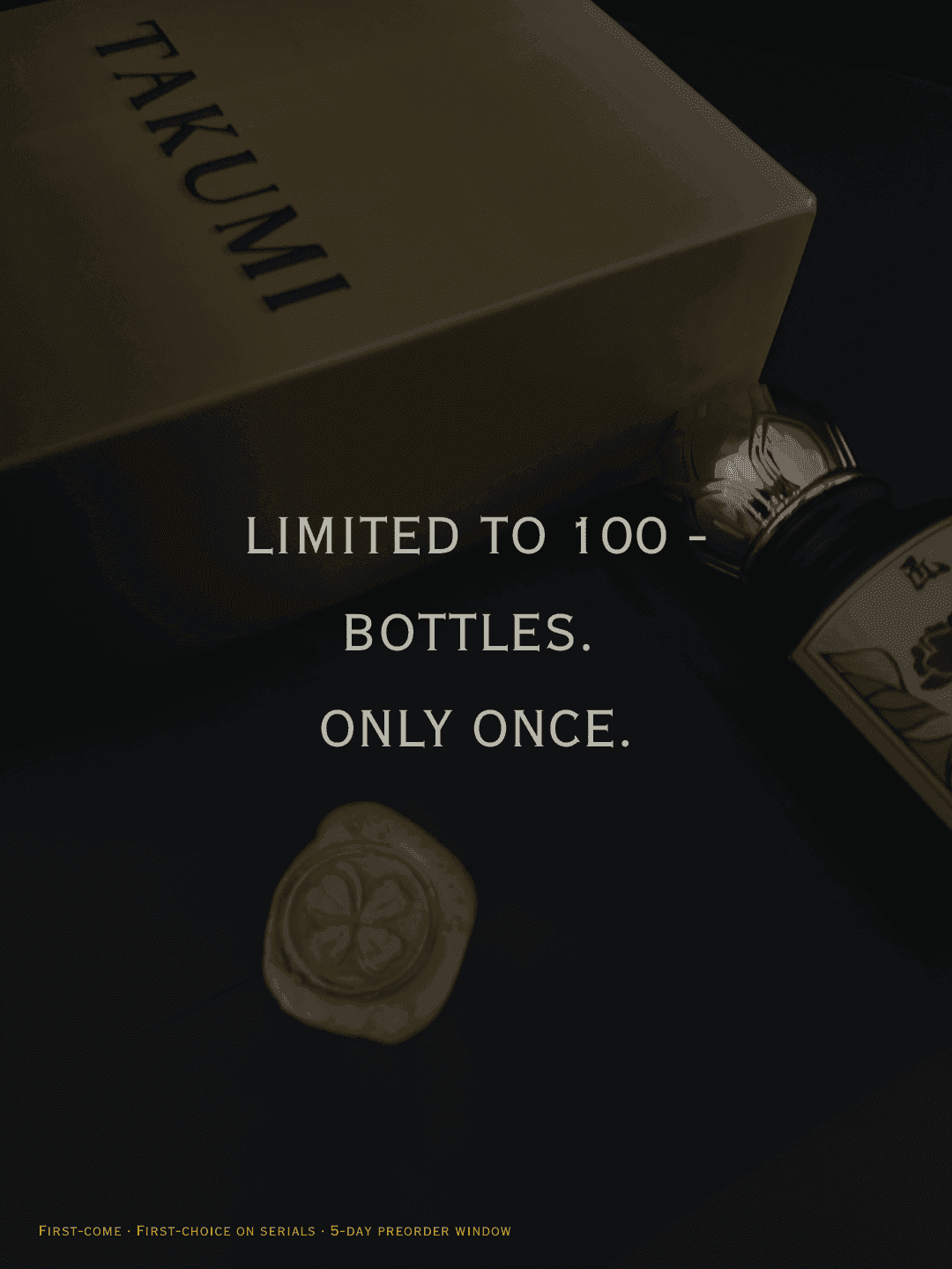 TAKUMI Series Zero — cream box with wax seal beside the bottle, low light