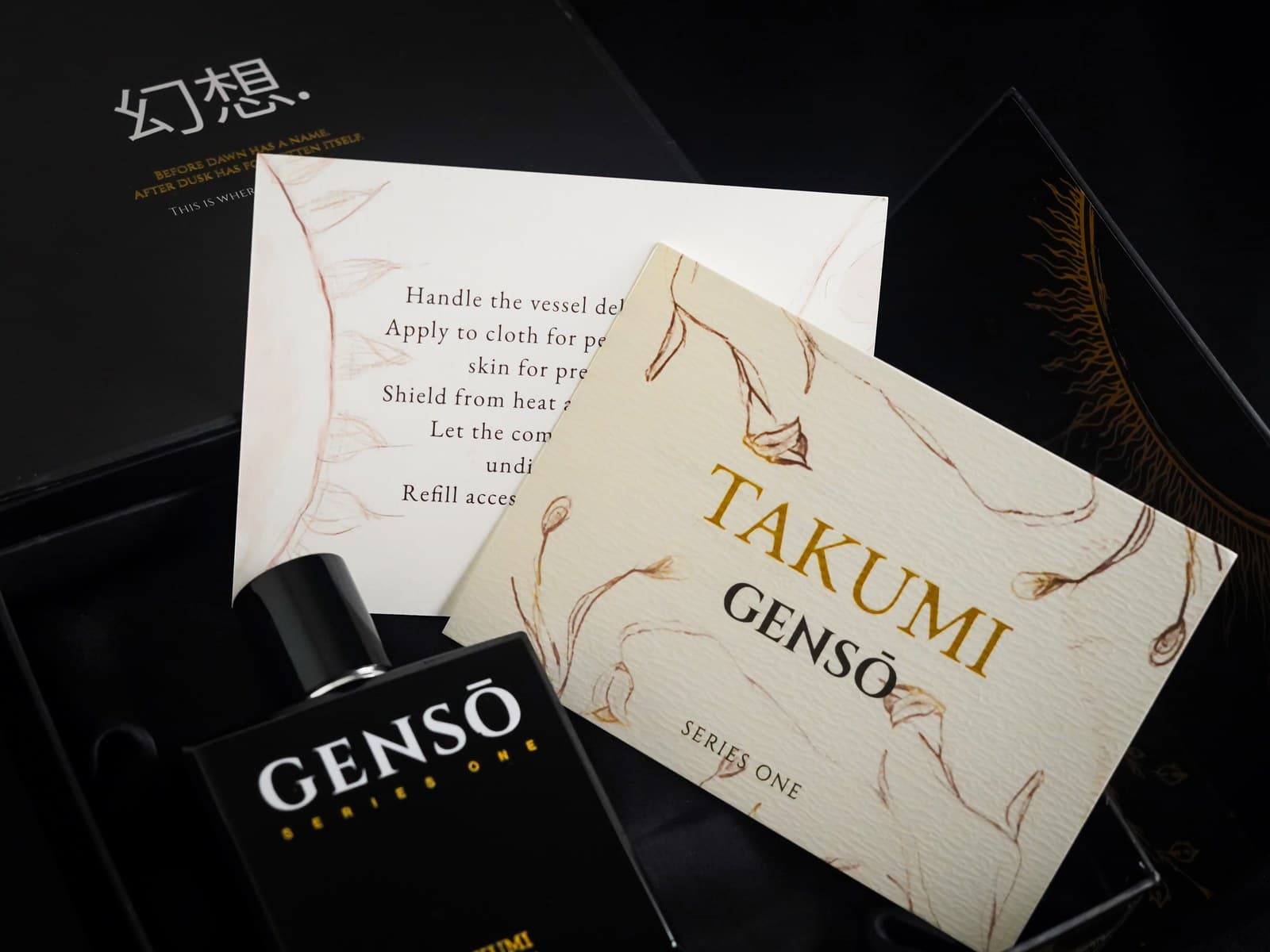 TAKUMI GENSŌ — Series One cards in cream textured stock, mauve line art and gold TAKUMI wordmark