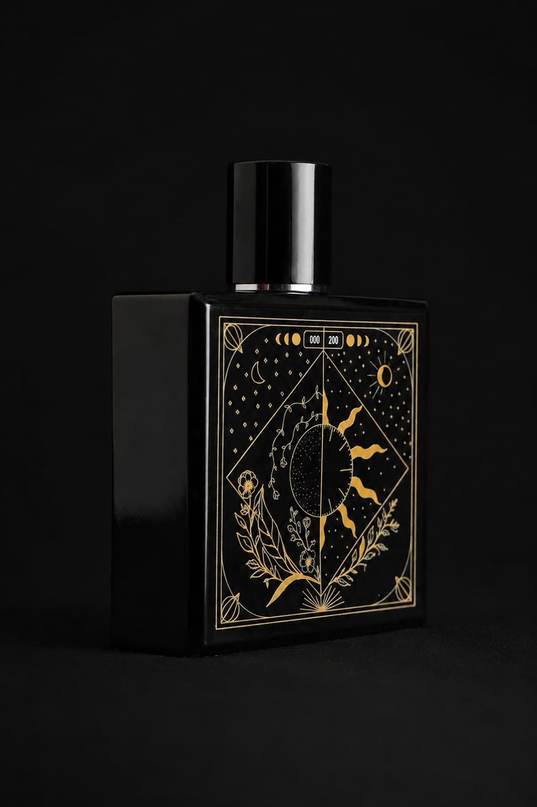 TAKUMI GENSŌ — gold celestial line work on the bottle: crescent moon and sun in one frame, constellation, botanicals, edition number 000/200